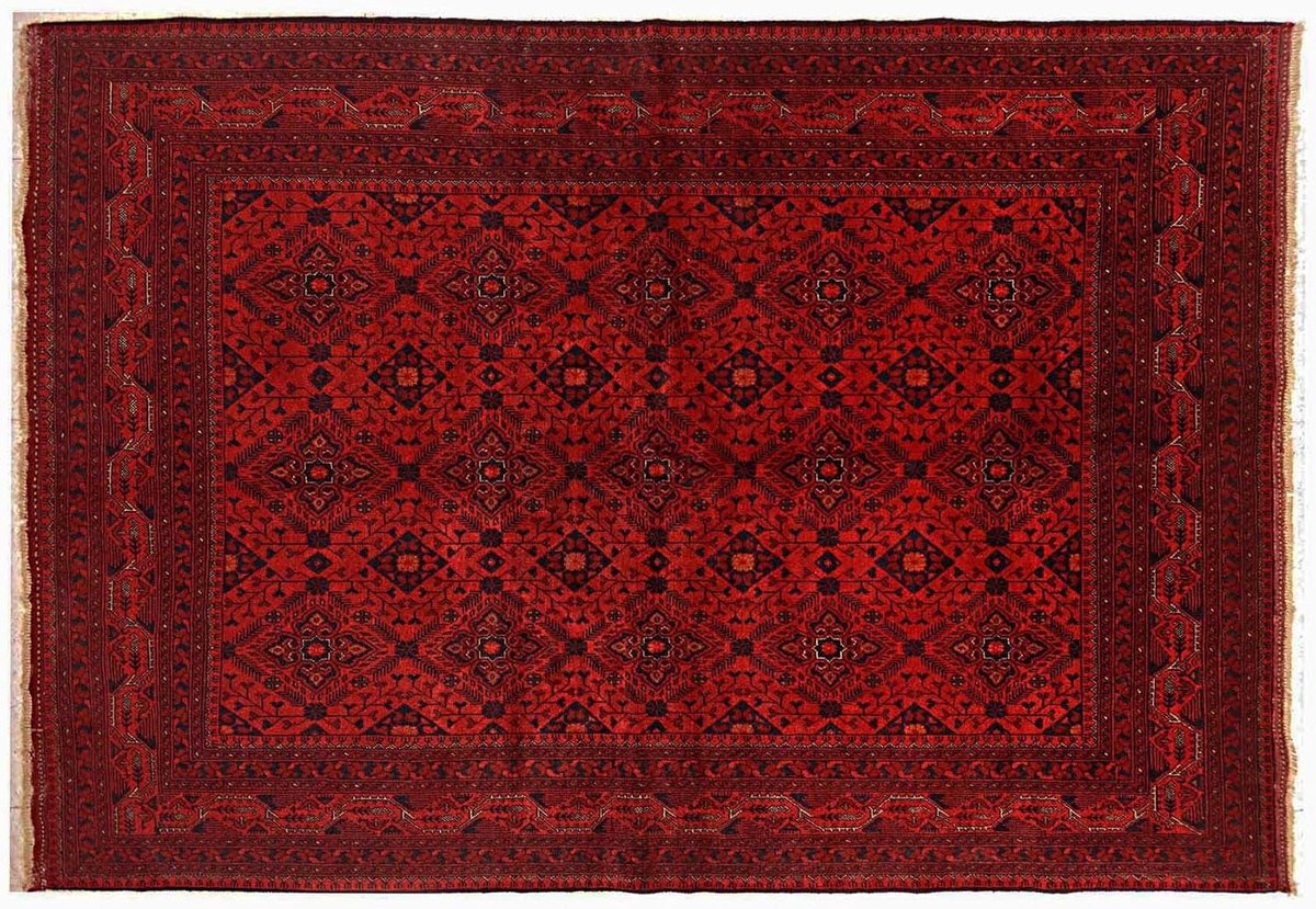 SnelShoppen - Afghan Khal Mohammadi Vloerkleed 200x300 Handgeknoopt Bruin Geometrisch Wol Korte Vacht Rechthoekig voor Woonkamer, Slaapkamer, Thuisdec