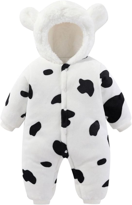 Baby Sneeuwpak - Baby Overall - Winterse Warmte - Dikke Fleece Stof - Pasgeboren - Koe Print — afbeelding 5