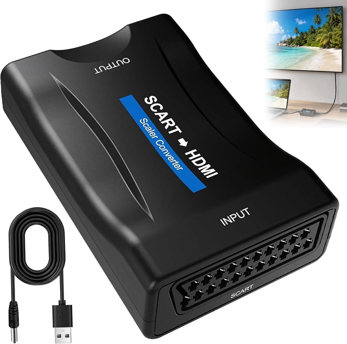 Scart naar HDMI-adapter met USB-kabel voor tv, monitor en projector - 720p/1080p converter voor audio en video, compatibel met PS3, DVD, VHS en Xbox.