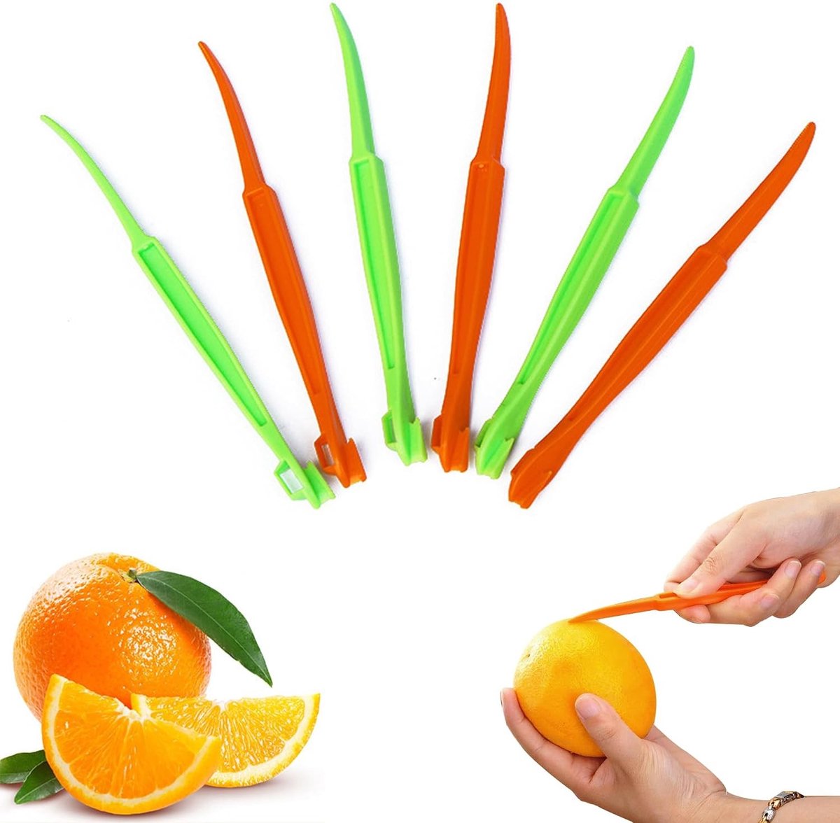 Effectieve sinaasappelschiller set van 6, kunststof citrusvruchten schiller, praktisch keuken gereedschap in oranje-groen voor eenvoudig schillen