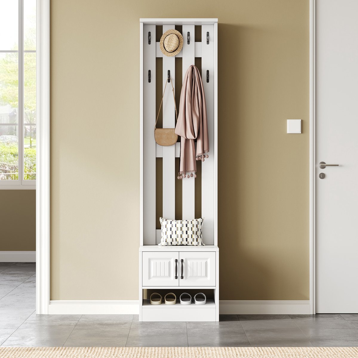 COVREO Schoenenkast 50x36x190 cm wit, spaanplaat met 2 deuren en 8 haken