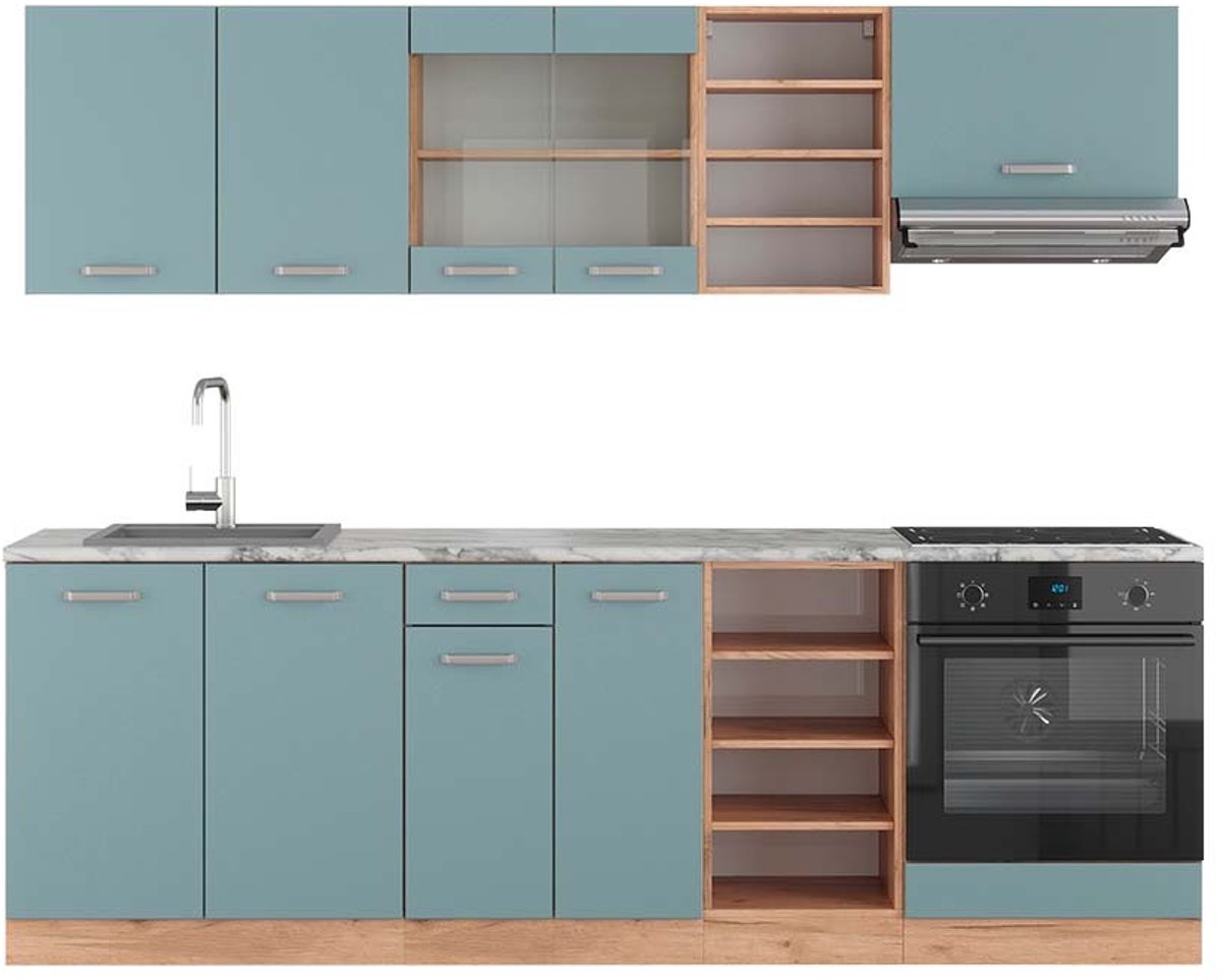 Vicco R-Line Complete keukeneenheid – 240 cm, WB Marmer Blauw-grijs/gouden eik