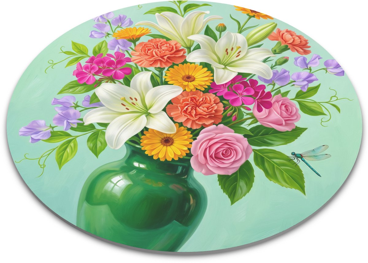 Ronde muismat met geschilderde illustratie van bloemen Witte lelies, roze rozen en oranje anjers in een groene vaas met libel Sfeervolle en praktische onderlegger voor thuiswerkplek en bureau 22x22 cm