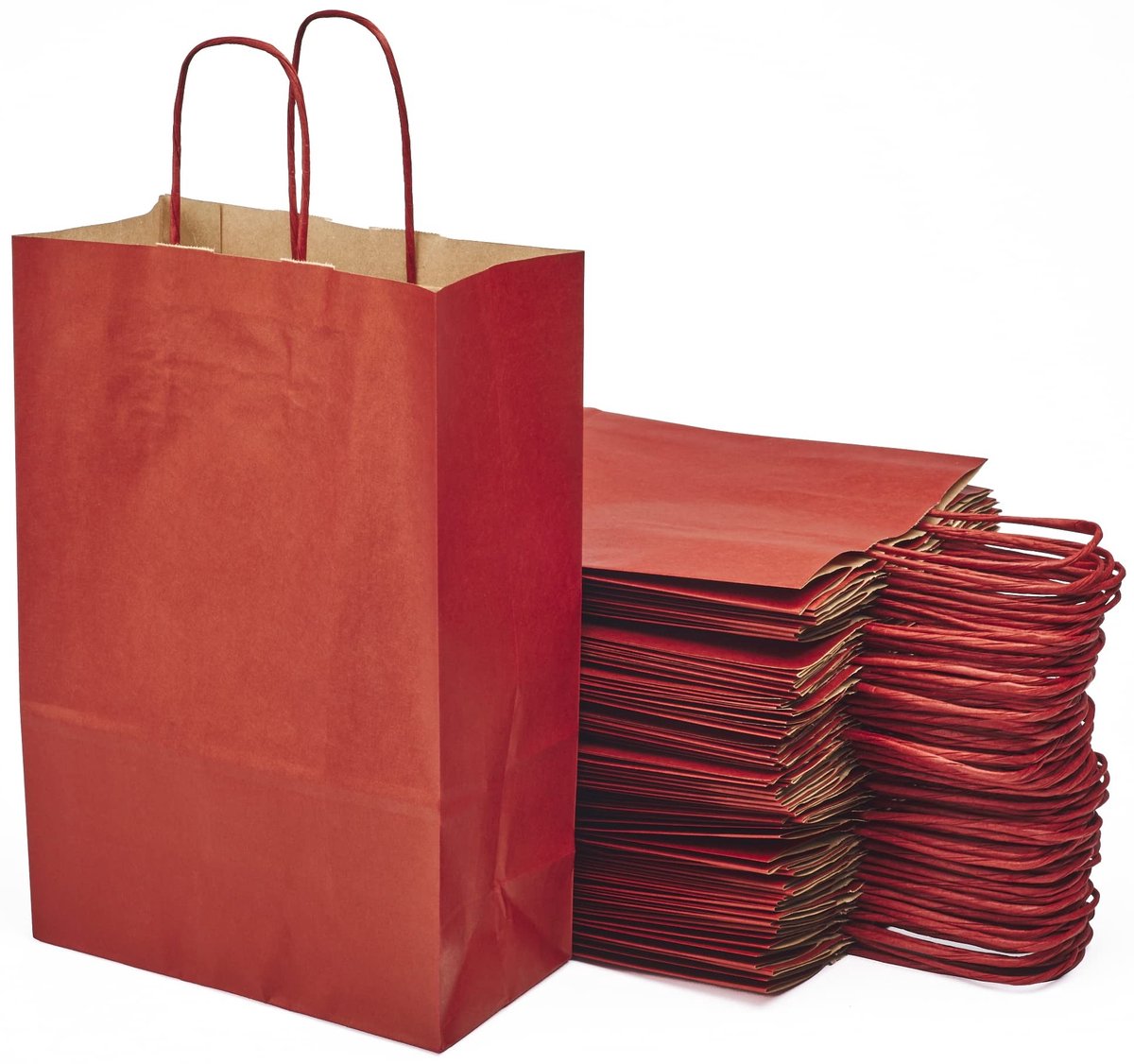 Omgoods - Set van 50 Rode Kraft Papieren Tasjes met Handvatten, 20 x 10 x 29.2 cm