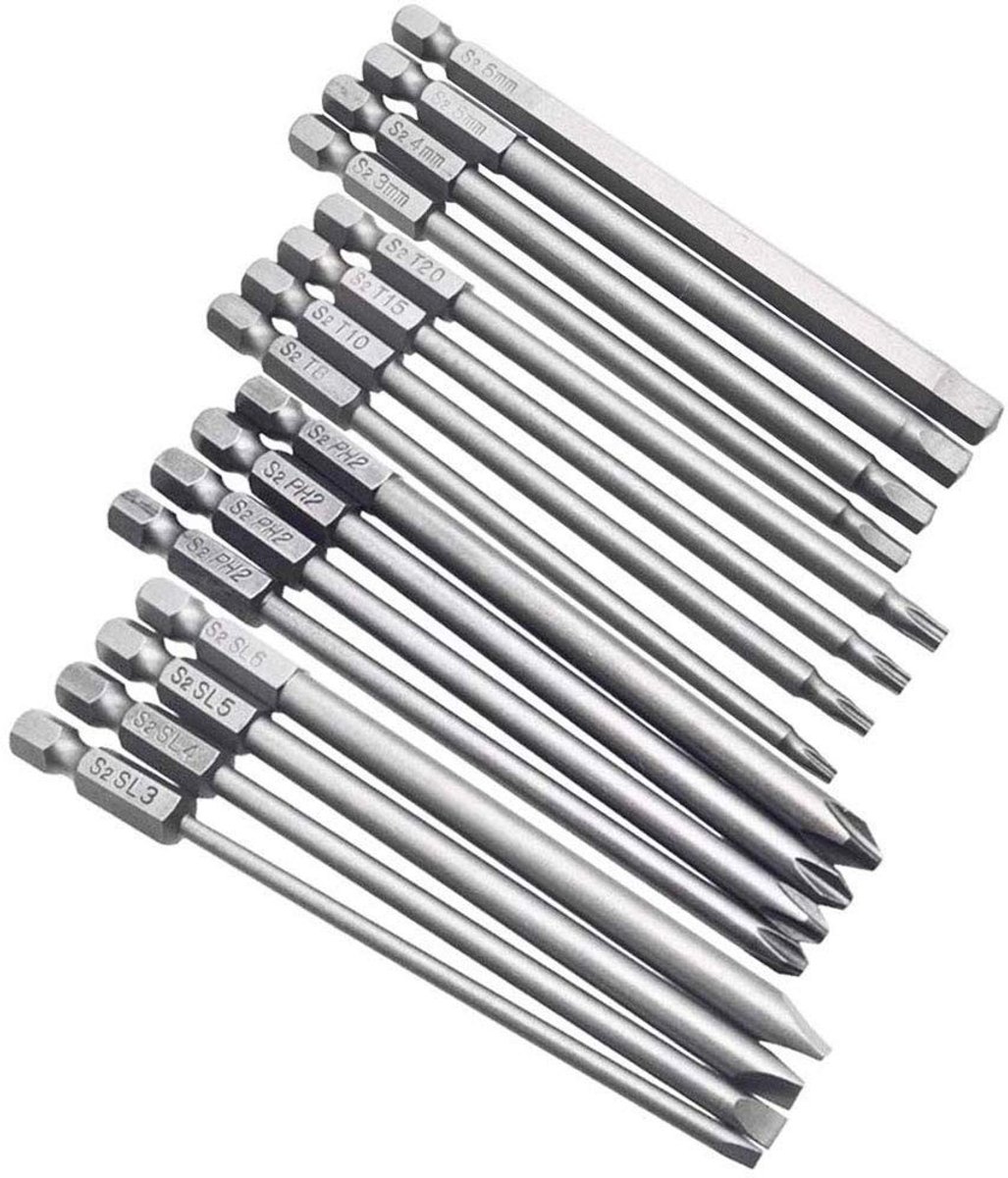Omgoods - 16 stks Magnetische Schroevendraaier Bits Set - Hex Shank - 4 Inch Lange Bits - S2 Staal - Geschikt voor Pneumatische en Elektrische Schr...