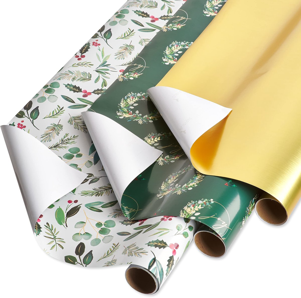 Omgoods - Kerst Inpakpapier Bundel met Holly en Goud (3 Rollen)