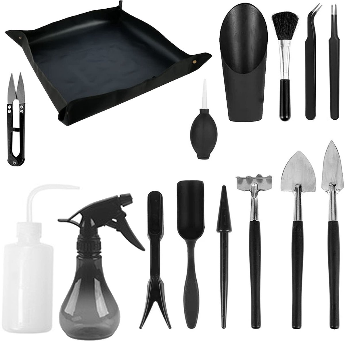 SnelShoppen - 14-delig Succulent Plant Tool Set met Pot Mat, Mini Tuin Gereedschap voor Binnenplanten, Zwart, Ideaal voor Tuinieren, Verzorging en Tra
