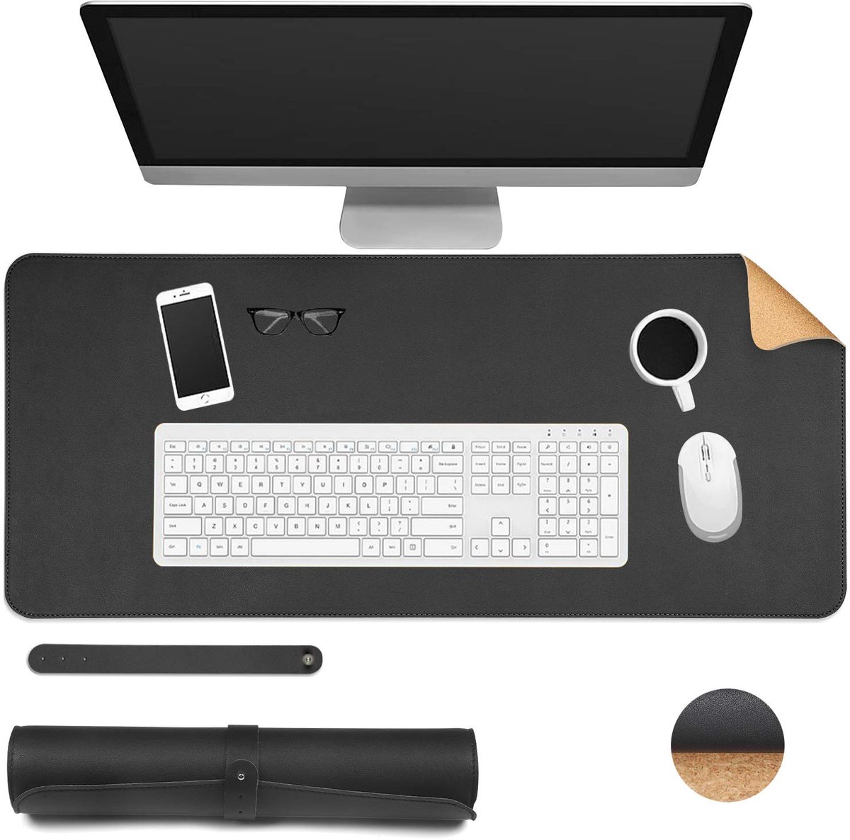 Omgoods - Dubbelzijdige Bureau Mat 70 x 30 cm - Waterdichte Muismat en Schrijfpad in Zwart en Kurk