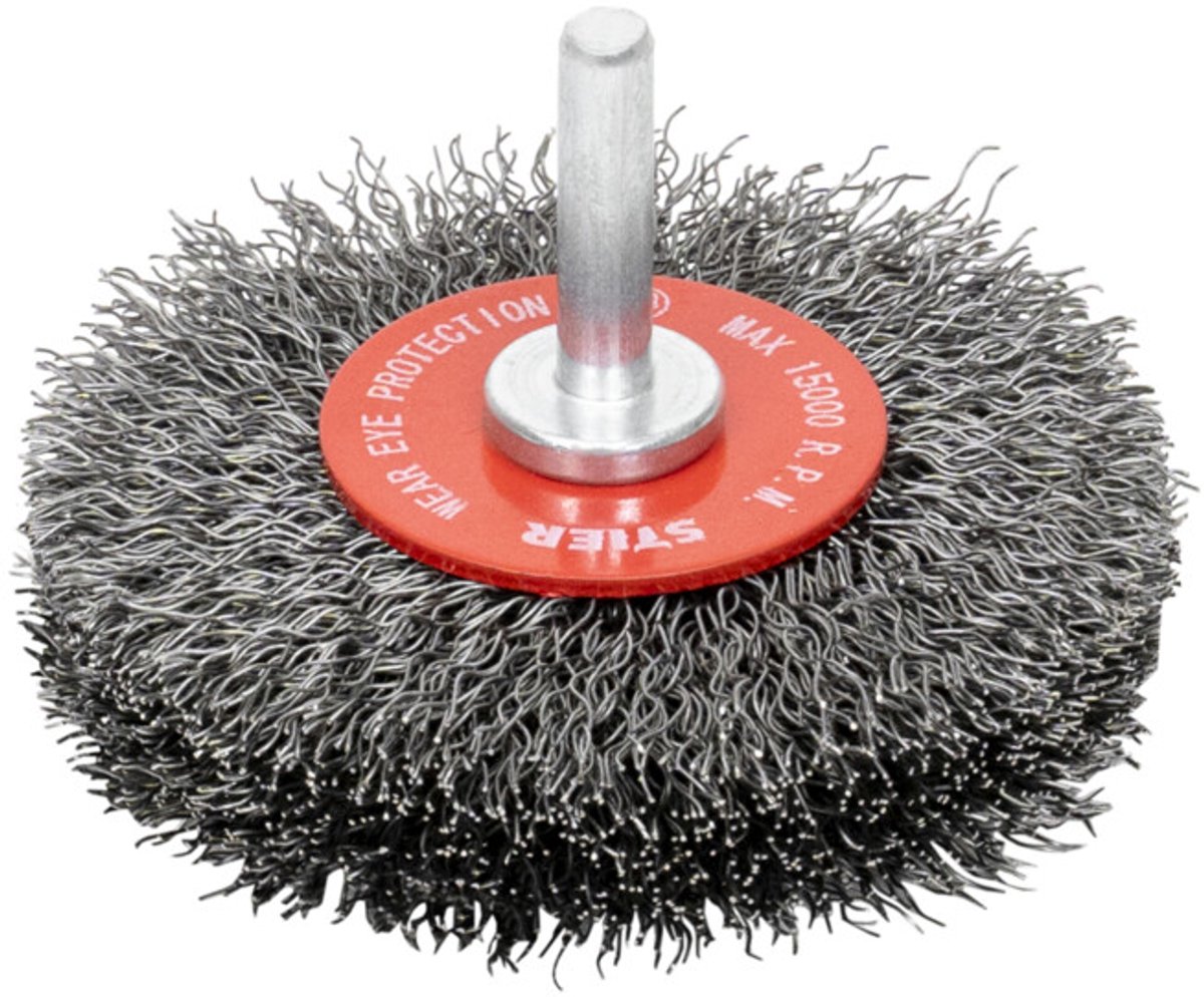 STIER ronde borstel ø 70 mm, schacht-ø 6 mm, 0,3 mm, gegolfd, staal