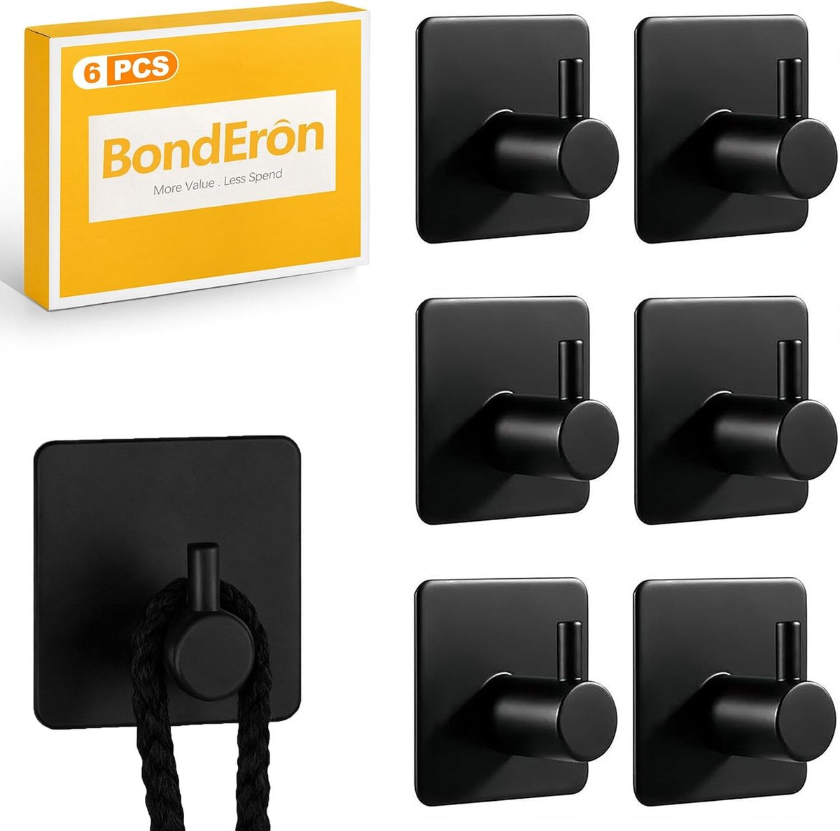 Set of 6 Self-Adhesive Hooks No Drilling Black Matte Towel Hooks Self Adhesive Stainless Steel Square Wall Hooks for - ShopVlot