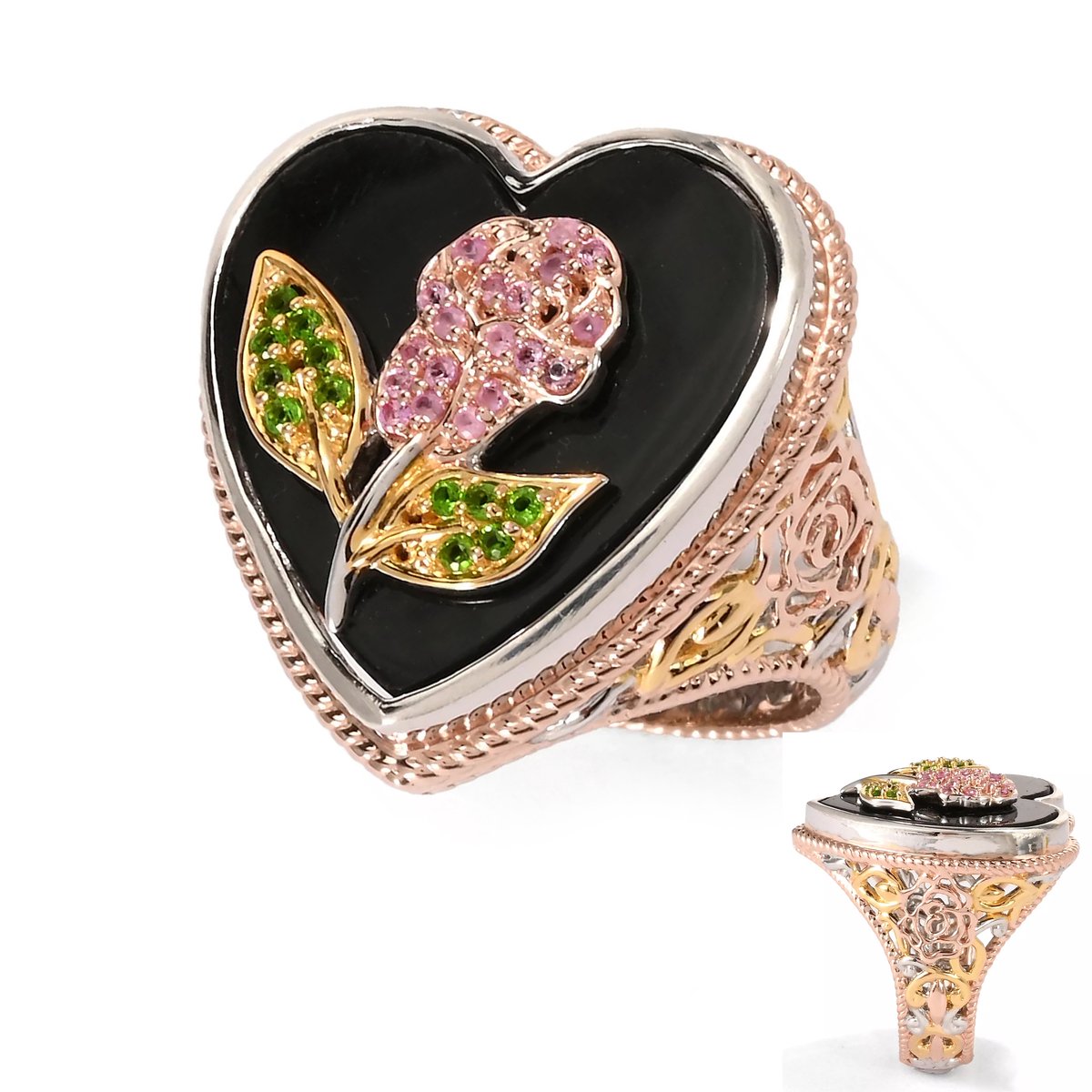 Cavill - Zilveren ring met rose Goud Verguld - Zwarte Onyx 10,872 ct hartvormig - Roze Saffier & Peridoot - Elegante edelstenen sieraden