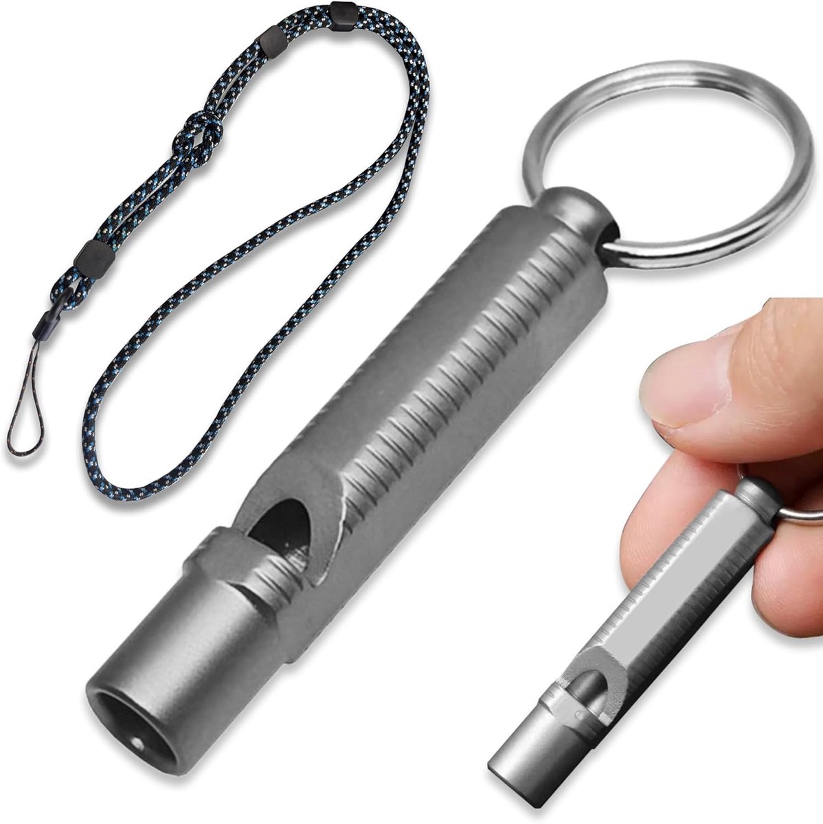 SnelShoppen - Titanium Noodfluitje 120dB - Lichtgewicht Enkelbuis Fluit voor Outdoor, Wandelen, Redding - TC4 Ruimtevaarttitanium - Grijs met Sleutelh
