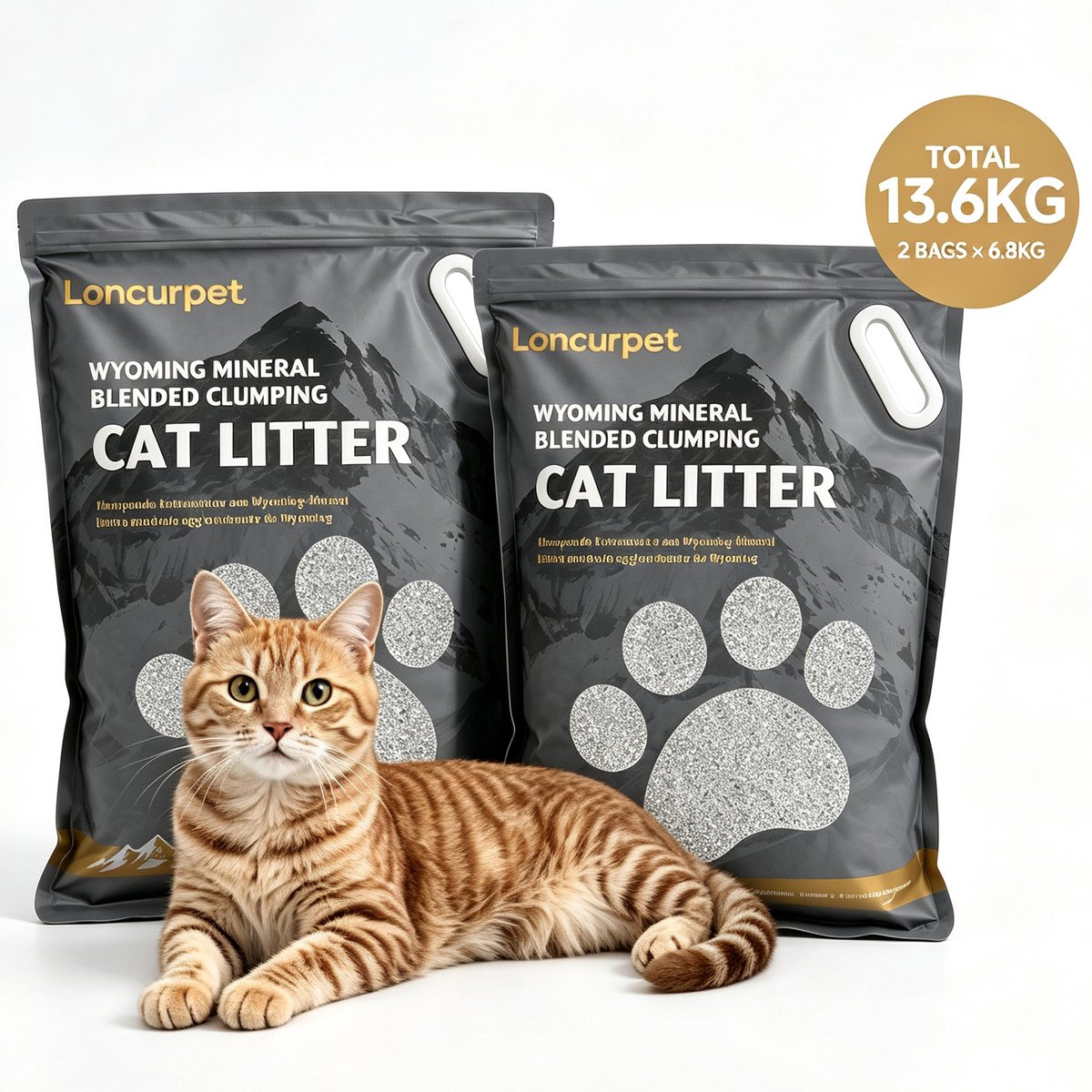 Loncurpet - Kattenbakvulling - Wyoming Natrium Bentoniet Klei +Cassava - Kattengrind - 2 x 6,8kg - Goede Absorptie - Stevige Klonten - Stofarme Formule - Langdurige Geurcontrole