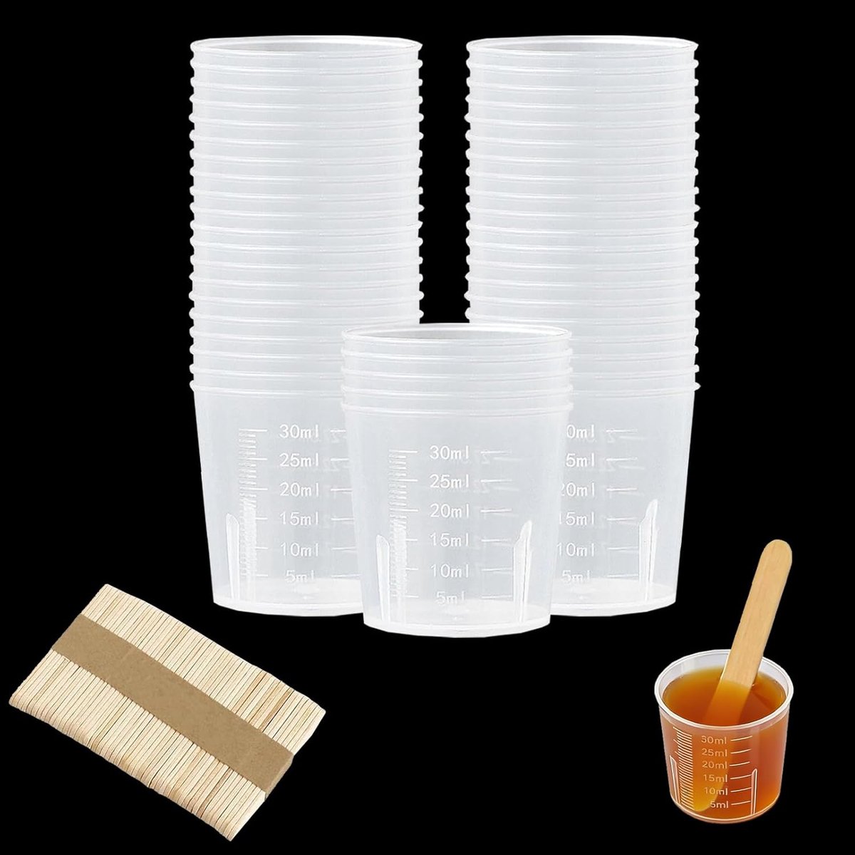 SnelShoppen - 50 Stuks Mini Meetbekers 30ml met Schaal PP Laboratorium Meetbeker Mengbeker Houten Stokje Handschoenen voor Keuken Bakken Kleurmixen
