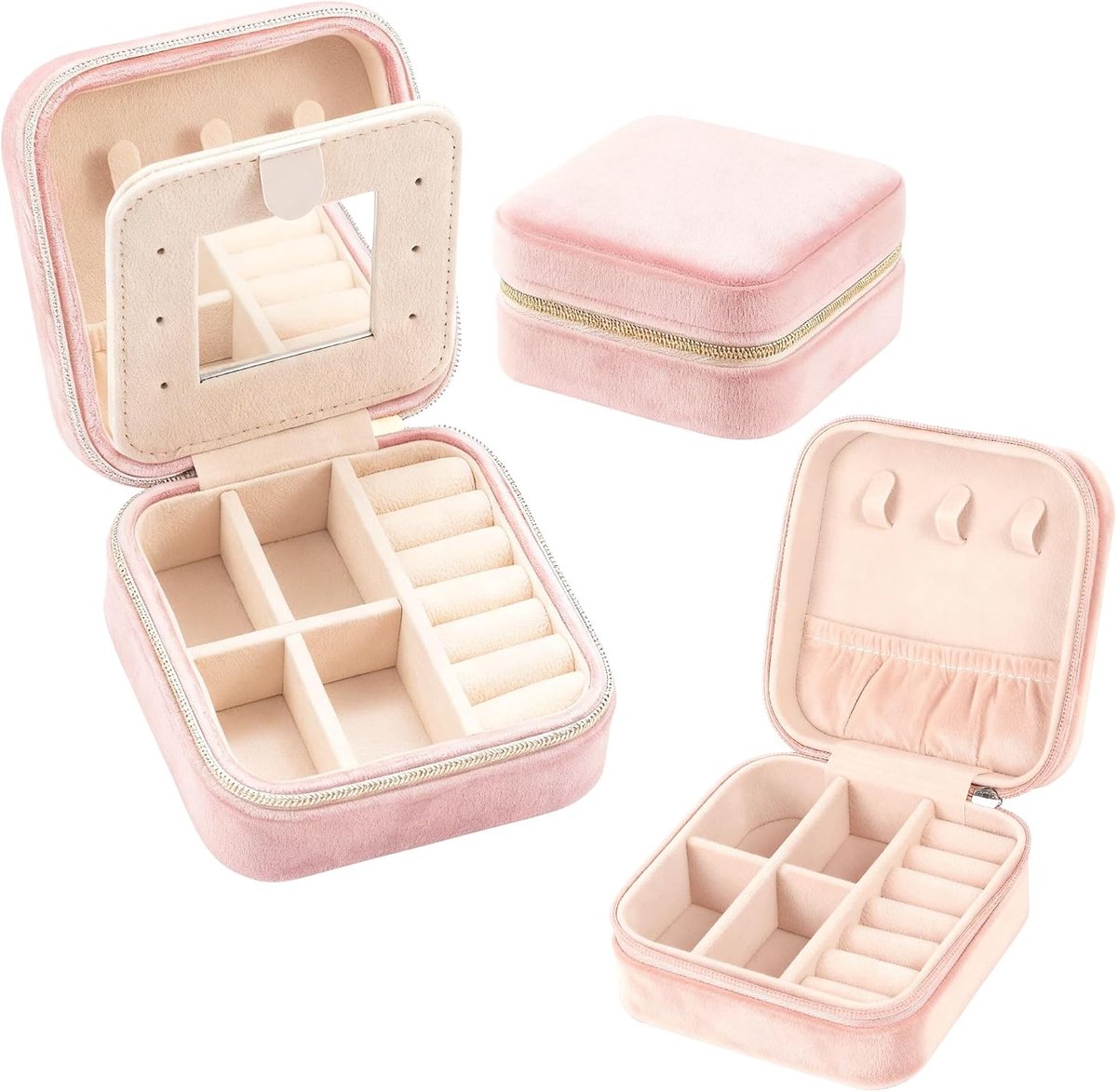 SnelShoppen - Sieradenopbergdoos met Spiegel, Fluwelen Sieradenbox voor Vrouwen en Meisjes, Reistas voor Sieraden, Roze, 2 Stuks, Perfect voor Ketting