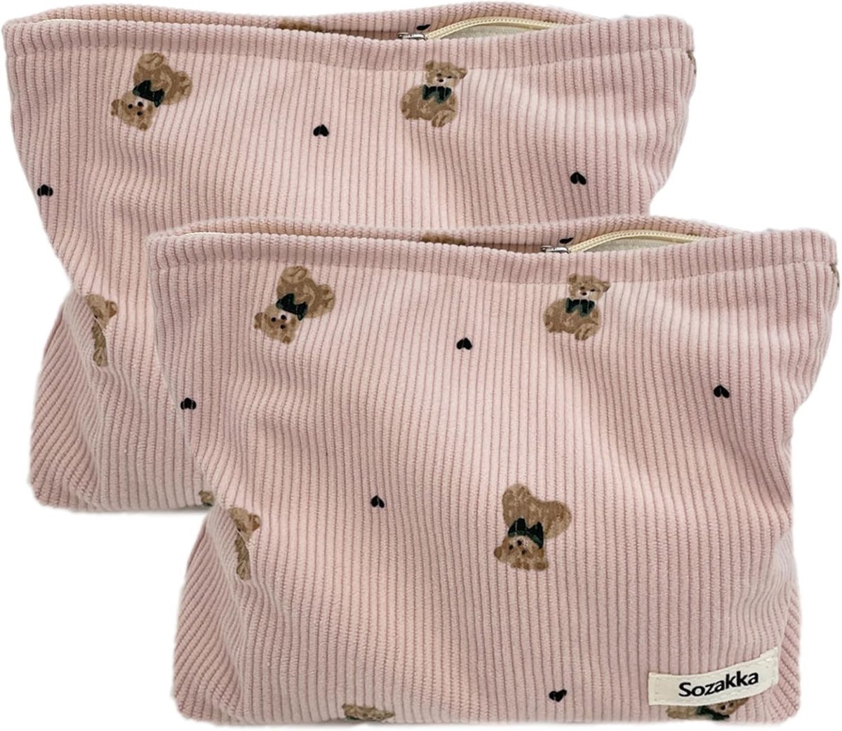 SnelShoppen - Travel Cosmetic Bag 2 Stuks Ribbed Velvet Toilettas Dames Aesthetic voor School, Werk, Reizen, Winkelen, Wandelen, Roze Multifunctioneel