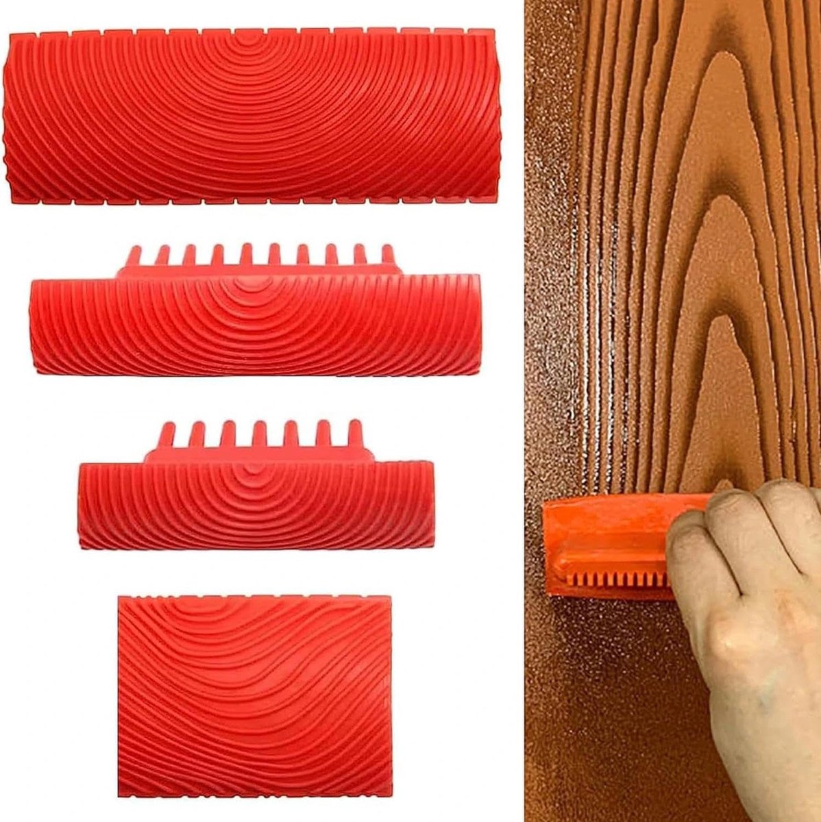 SnelShoppen - Houten Structuur Gereedschap voor DIY Wanddecoraties, Rubber Verftools voor Muurdecoratie, Textuurroller, 4 Stuks, Rood, Ideaal voor Cre