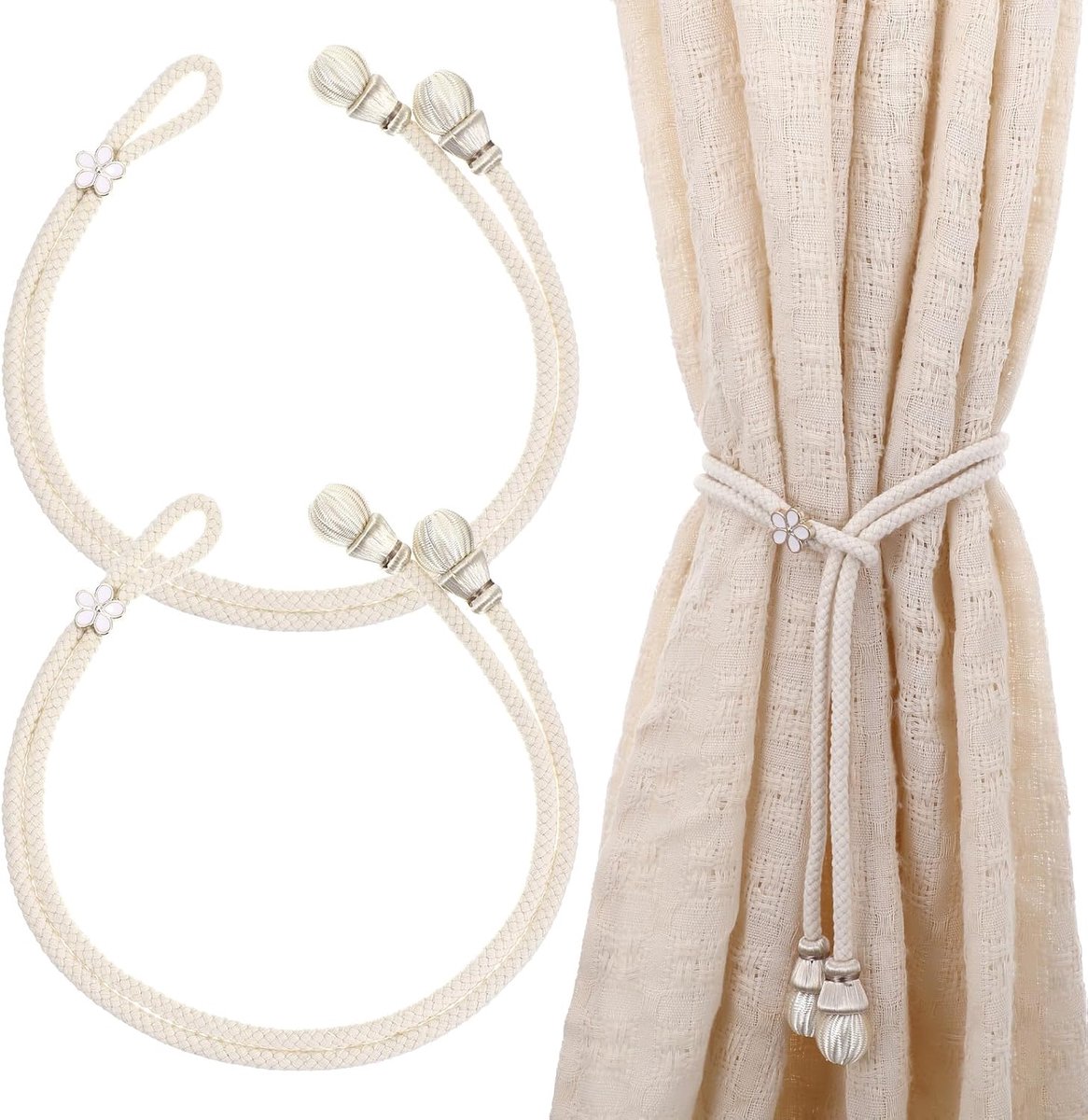 SnelShoppen - 2 Stuks Boho Gordijnhouders, Verstelbare Gordijnhouders, Beige, Duurzaam Polyester, Katoen en ABS, Voor Woonkamer, Slaapkamer, Thuis en