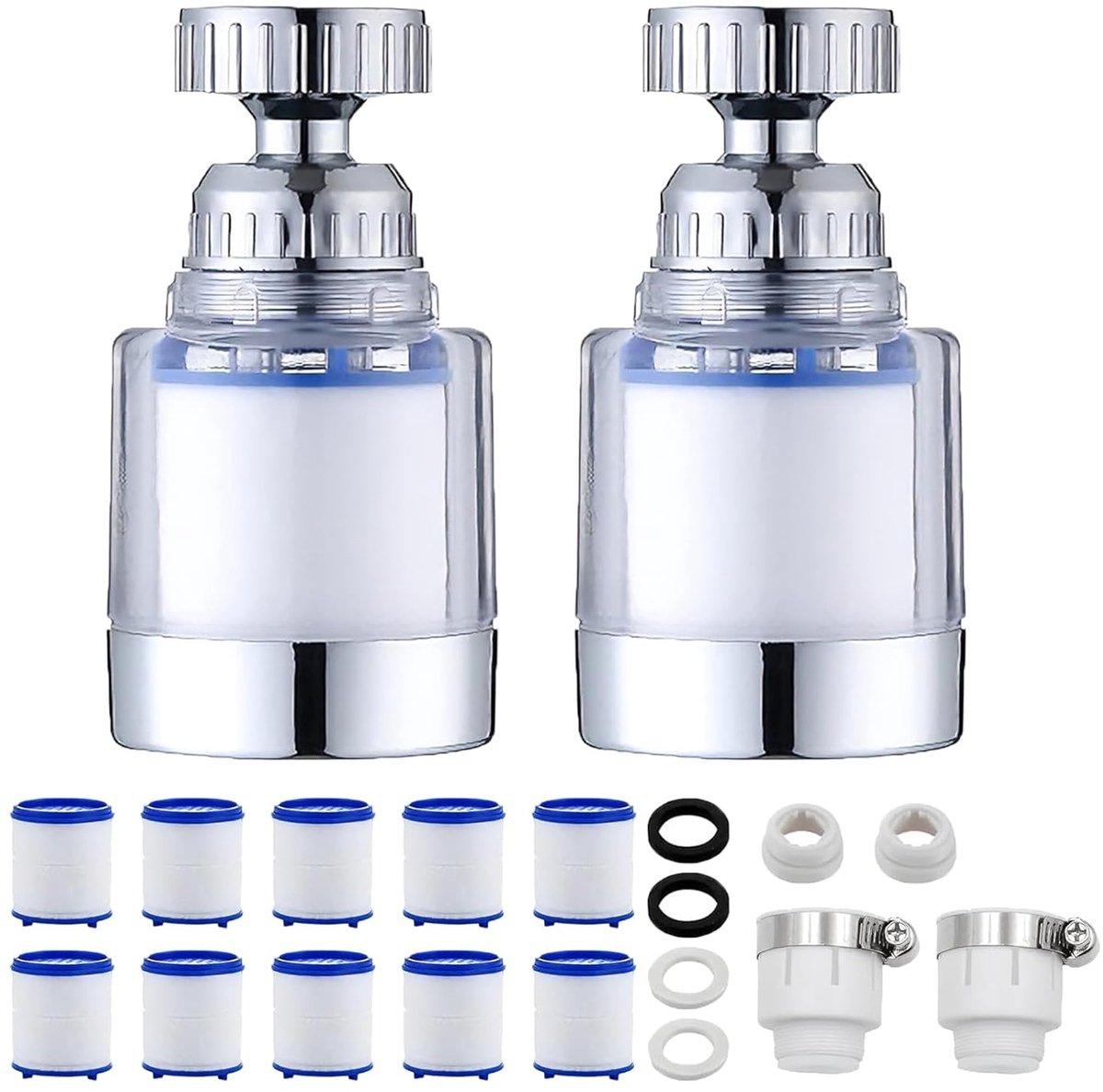 SnelShoppen - Waterfilterkraan 2 Stuks - 360° Draaibaar Kraanfilter met 10 Verwisselbare Filters en Universele Adapter voor Keuken en Badkamer