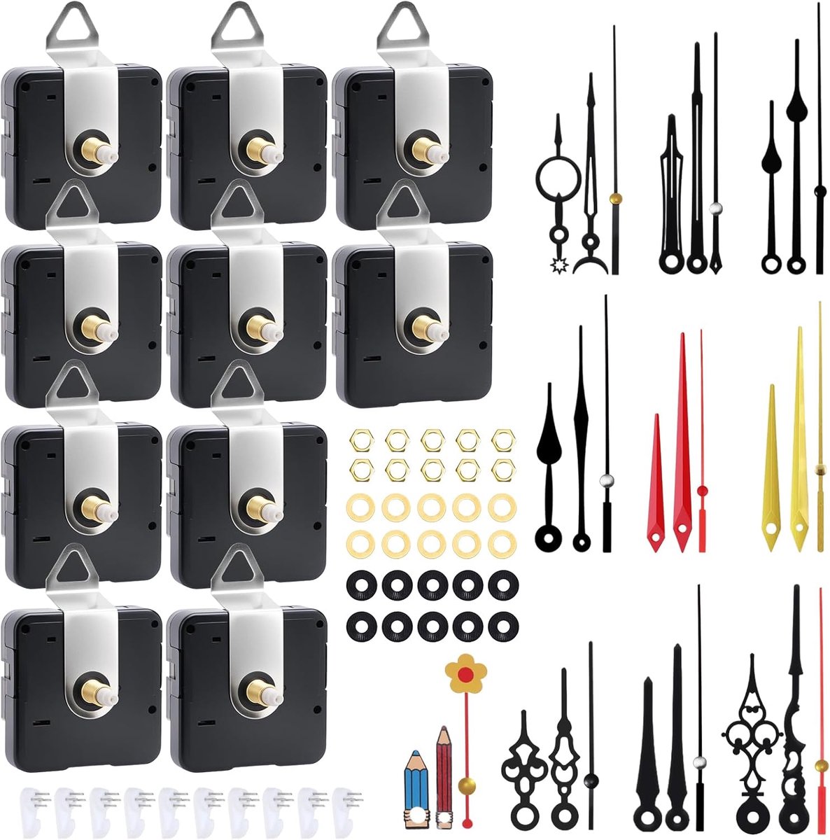 SnelShoppen - 10 Stuks Klokbewegingen met 10 Sets Klokwijzers, Stille Quartz Klokbeweging voor Klok Onderdeel Herstelset, 20 mm As Lengte