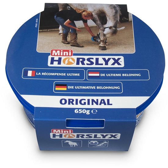 Blauwe Horslyx Mini Original 650g bak met afbeelding van een vrouw die een paard verzorgt.