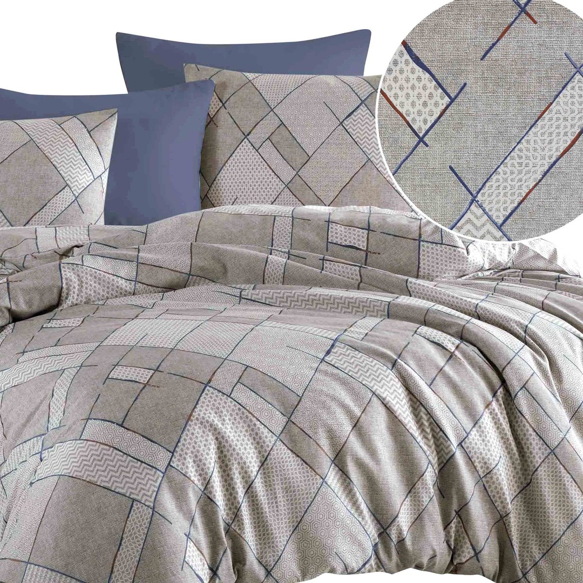 Luxe Katoenen Dekbedovertrekset Ranforce LIVIO – 200x220 cm – Geometrisch Linnenlook Grijs / Koel Beige – 100% Katoen – Darymex
