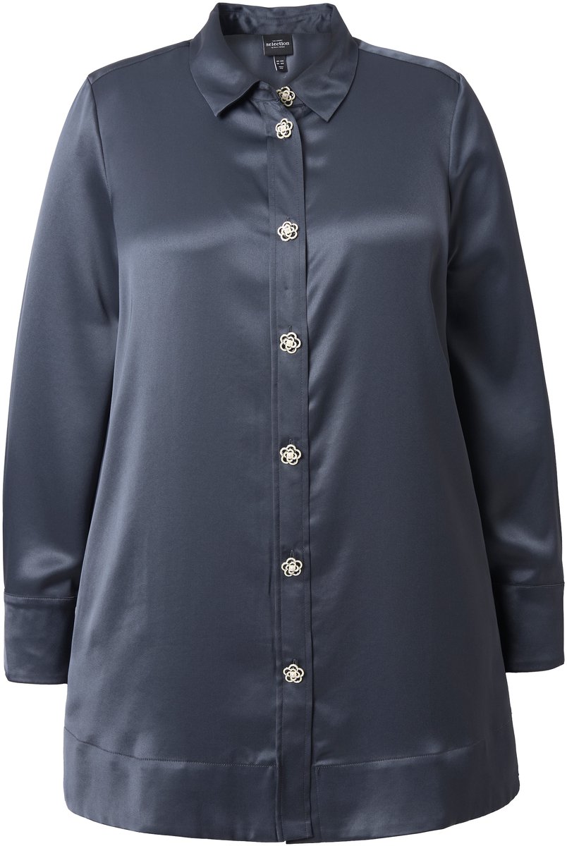 Ulla Popken - Dames - Blouse acetaat A-lijn overhemdkraag lange mouwen - Zwart - Maat 42+