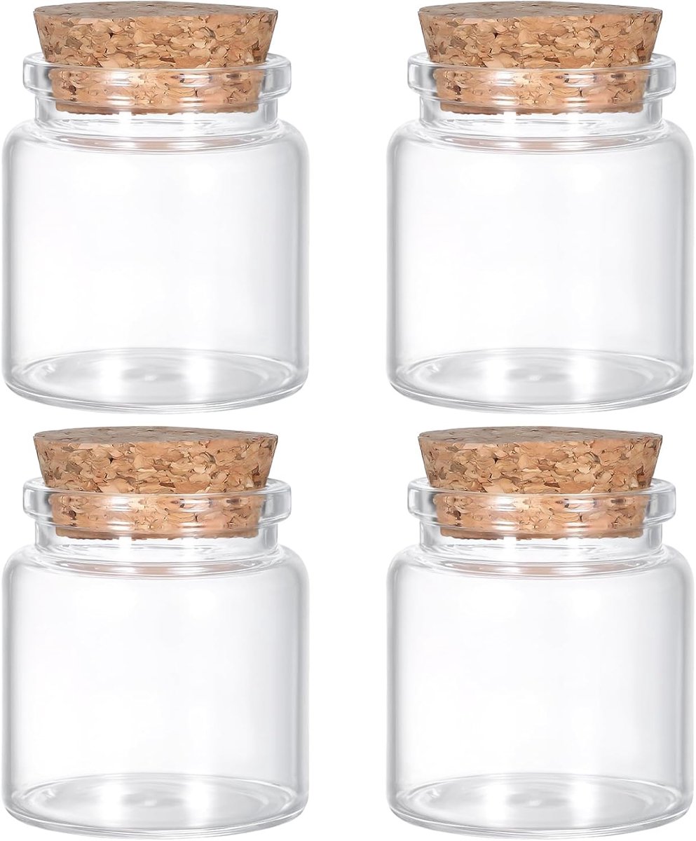SnelShoppen - Set van 4 Glazen Flessen met Kurk Leeg, 50 ml, Kleine Potjes met Deksel, Doorzichtige Mini Specerij Potjes, Bewaarpotten, Glazen Jars vo