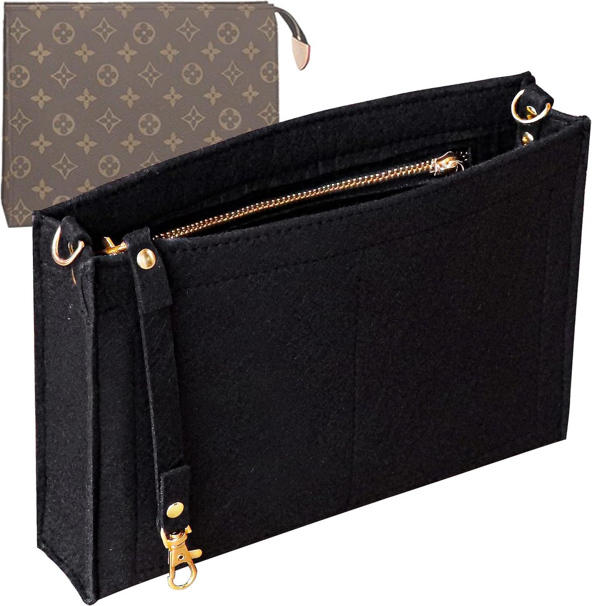 SnelShoppen - Toilettas 19/26 Tas Organizer Inzet voor Cosmetica, Draagbare Organizer voor Handtas, Vilt Wallet Organizer met Sleutelhanger, Gouden Sl