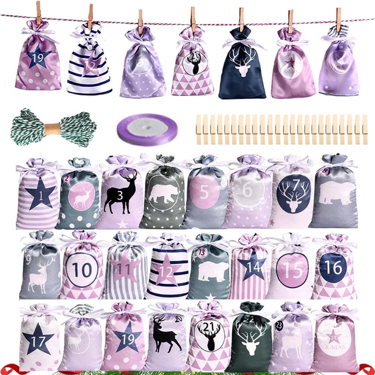SnelShoppen - 24 Adventskalenders Stoffen Tassen (12 x 21 cm), Grote Adventskalender voor Vullen, Kerstkalender, Knutselen, DIY Kerstkalender 2022