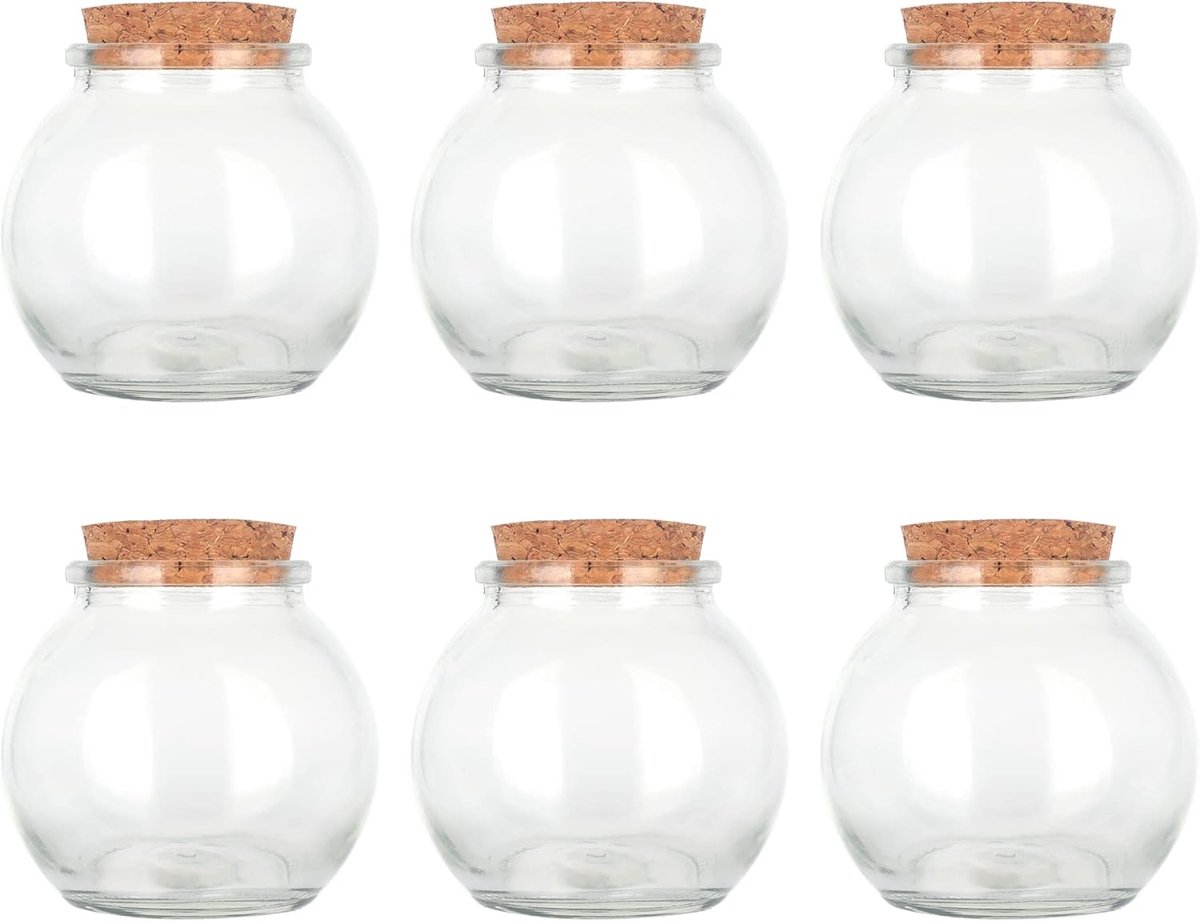 SnelShoppen - Set van 6 Decoratieve Glazen Flessen met Kurkstopper 100 ml - Sferische Flessen voor Huisdecoratie, Feest, Tuin, Keuken - 7 cm Hoog, 6.8