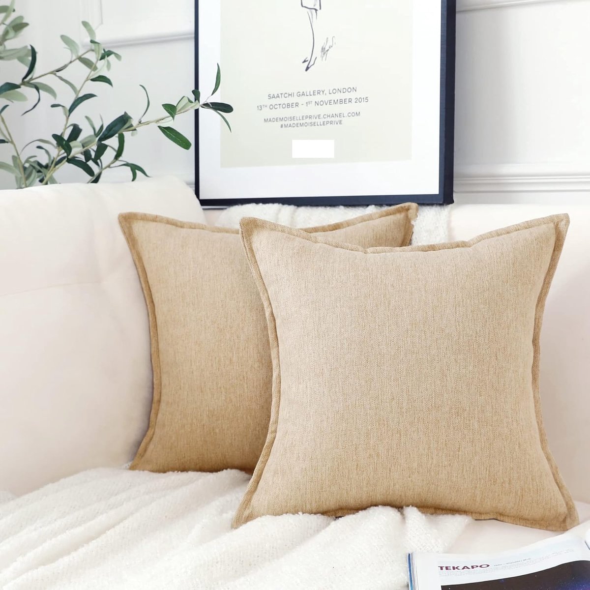 SnelShoppen - Set van 2 Neutrale Linnen Kussenslopen 50x50cm Lichtbruin Decoratieve Kussenslopen voor Woonkamer, Bank, Bed, Boerderij en Boho Stijl