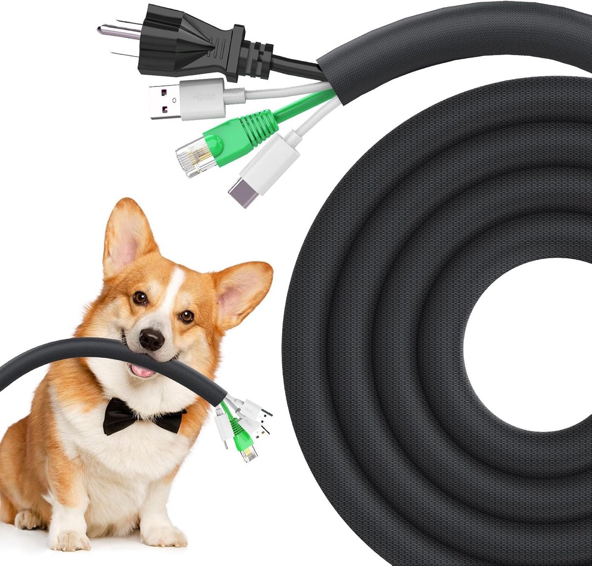 SnelShoppen - Kabelbescherming voor Honden en Katten, 3m - 12.7mm, Kabelaansluiting Bescherming tegen Knaagdieren, Uitbreidbare Gevlochten Omhulsel, Z
