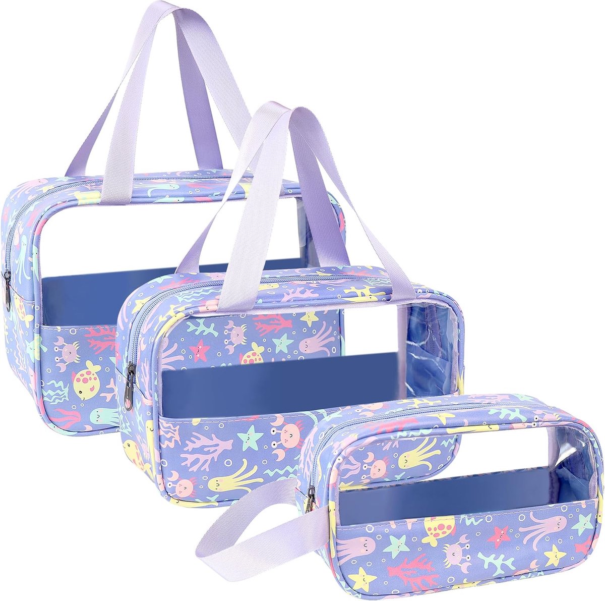 LEcylankEr Transparent Toiletry Bag Set of 3 Portable Cosmetic Bag Waterproof PVC for Women, Purple Print - ShopVlot