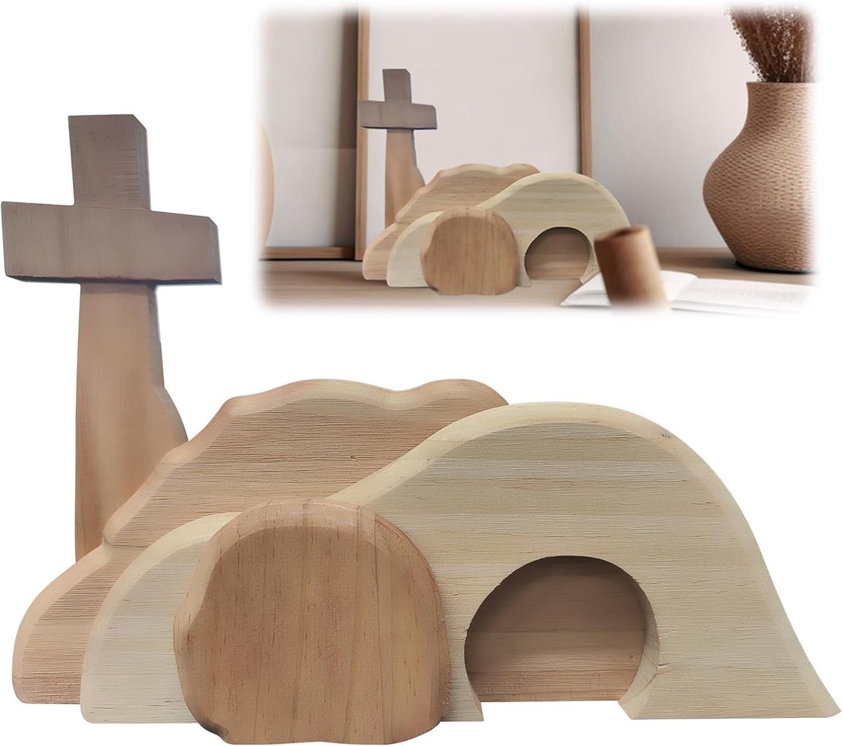 SnelShoppen - Houten Paasscène Decoratie - Jezus Geboorte Scene - Unieke Houten Paasdecoratie Set - Voor Pasen Tafel Versiering - Kindvriendelijk en E
