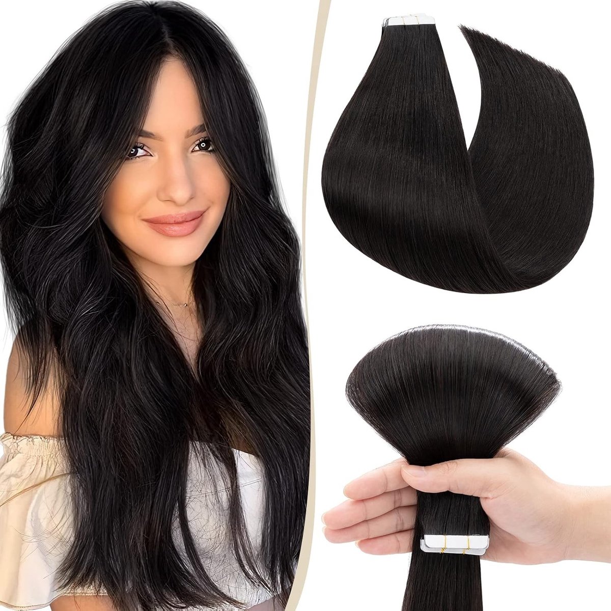 Tape Extensions van Remy Echthaar - 100% Menselijk Haar, 10 Stuks, Naturschwarz 22" (56cm) - 25g voor Volumineuze Haarverlenging