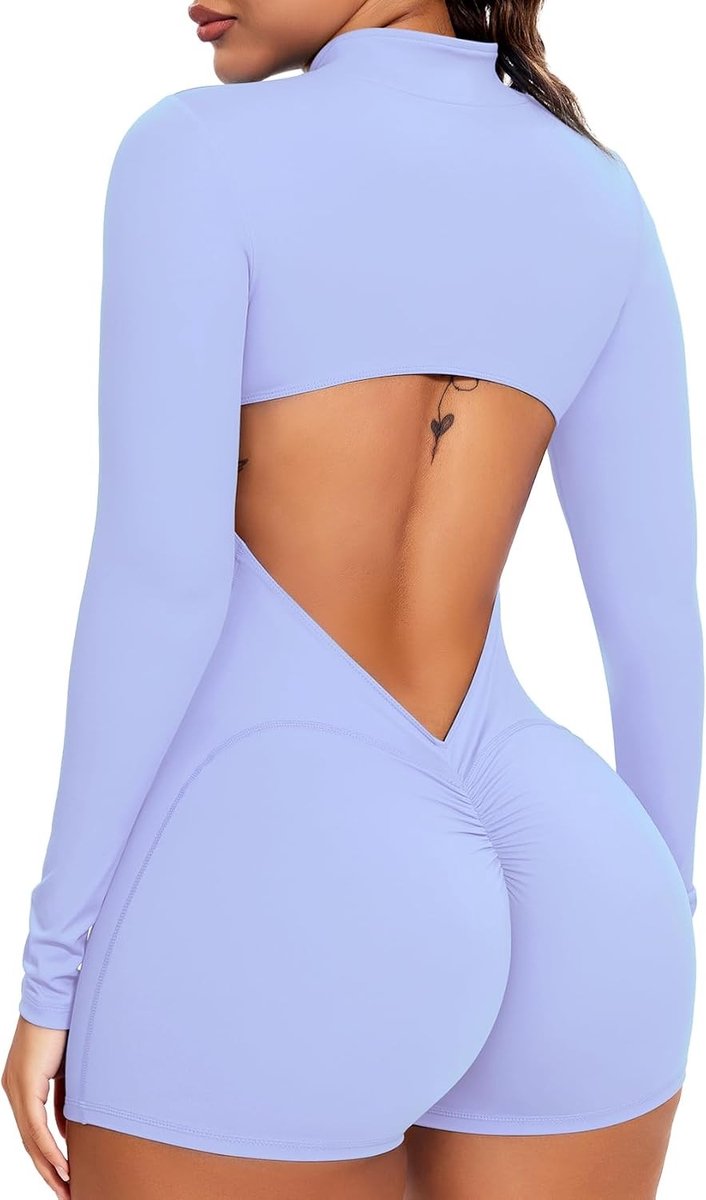Dames jumpsuit met korte mouwen en ritssluiting, sexy push-up V-rug, scrunch butt, ideaal voor yoga, fitness en hardlopen, Blauw, XS