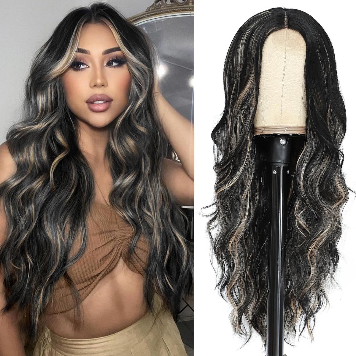 Lang Zwart Golvend Haar met Blonde Highlights 66 cm Midden Scheiding Krullend Haarstukje voor Vrouwen, Natuurlijke en Hittebestendige Synthetische Perucque voor Feest en Dagelijks Gebruik