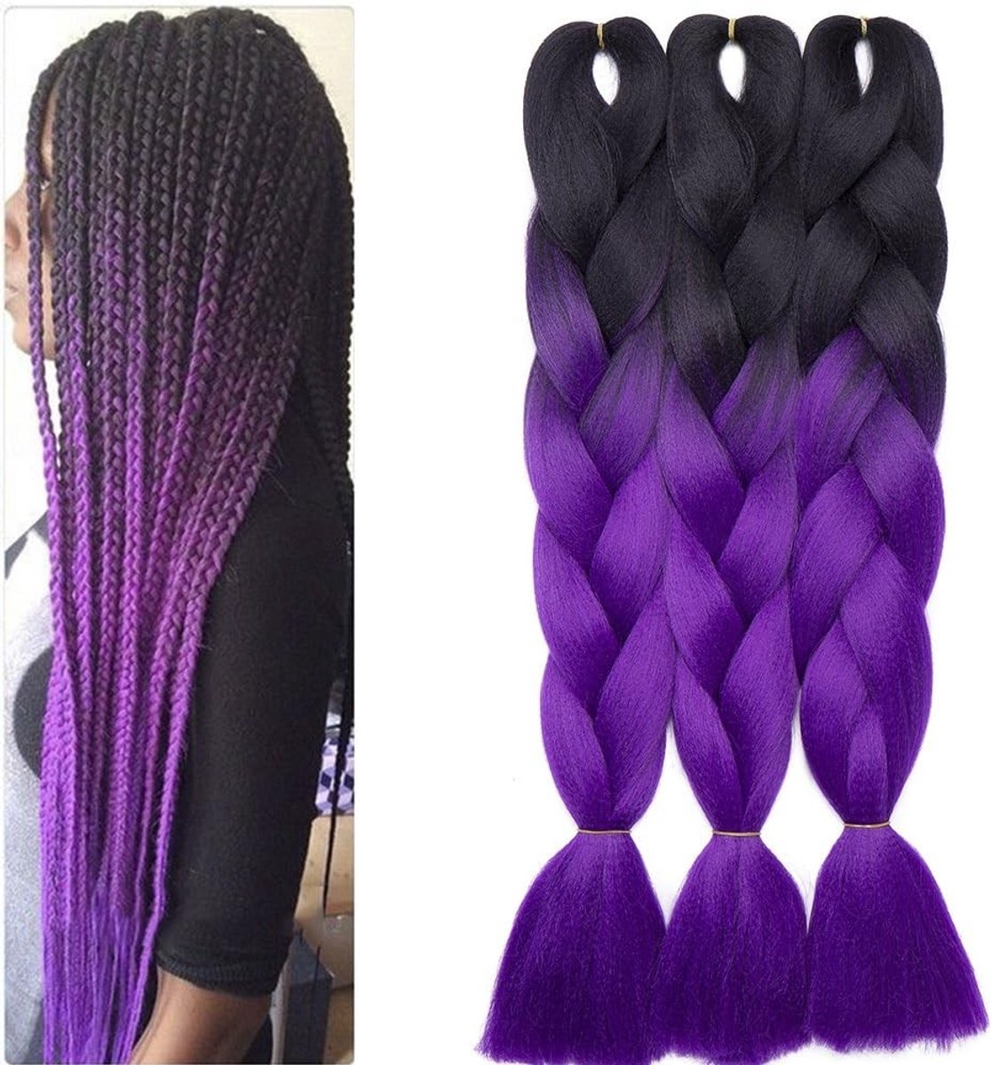 Afro Haar Extensions Lang 60 cm - Synthetische Vlechtwerk met 3 Wefts - Zwart/Paarse Kleur, 300g/Verpakking