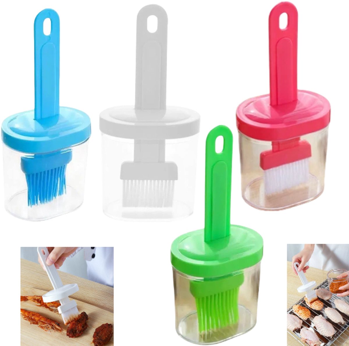 4 stuks- BBQ-borstelset - Siliconen olieborstel met flesje - Hittebestendige olieborstel - 7*17 cm - blauw, roze, wit en groen - Geschikt voor BBQ, grillen en gebruik als keukenolie