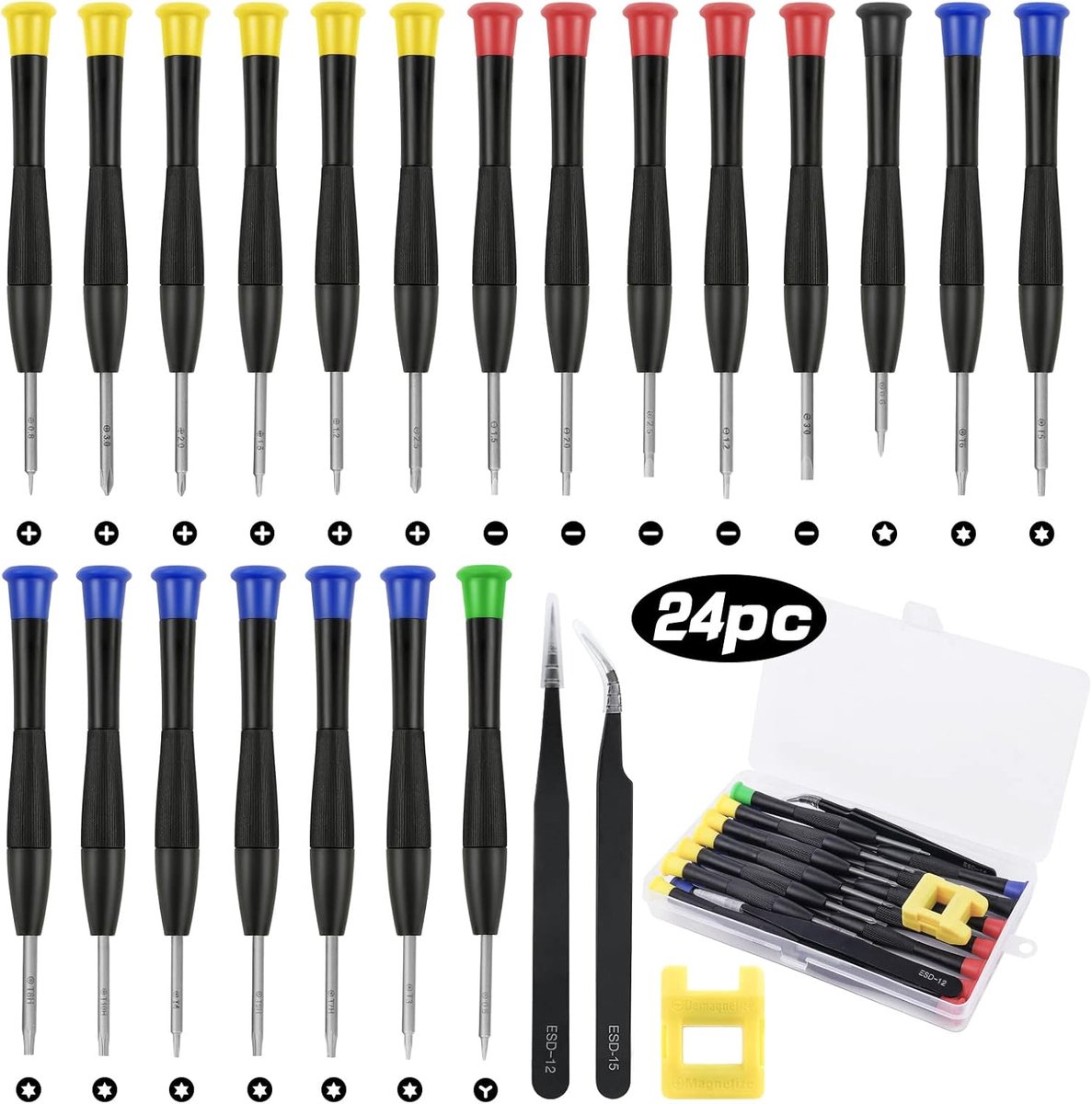 flintronic Bril Schroevendraaier Nieuw, 24 STKS Magnetische Precisie Micro Reparatie Schroevendraaier Set+ 2 STKS Pincet + Magnetizer, Flathead Phillips Torx Star Schroevendraaiers Bit Kit voor PS4