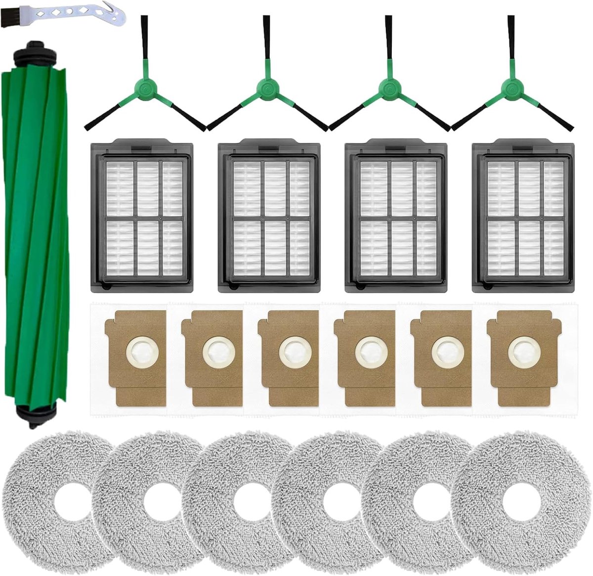 Accessoiresets voor iRobot Roomba Plus 405/505/507 Combo robotstofzuiger, 1 hoofdborstel, 6 stofzakken, 4 zijborstels, 6 HEPA-filters, 4 dweilen, 1 reinigingsborstel