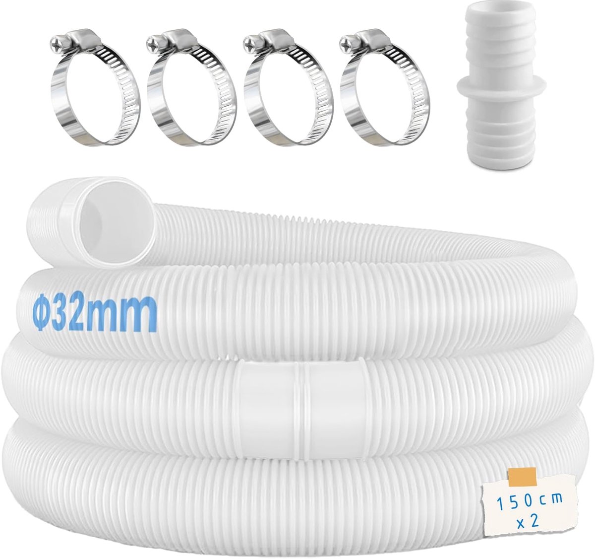 2 stuks zwembadslang 32 mm voor zwembadpompen met 4 stuks veiligheidsclips en 1 stuk slangverbinder, perfect geschikt voor filterpompen, zwembadreinigers, zwembadverwarmingen en zandfilterinstallaties