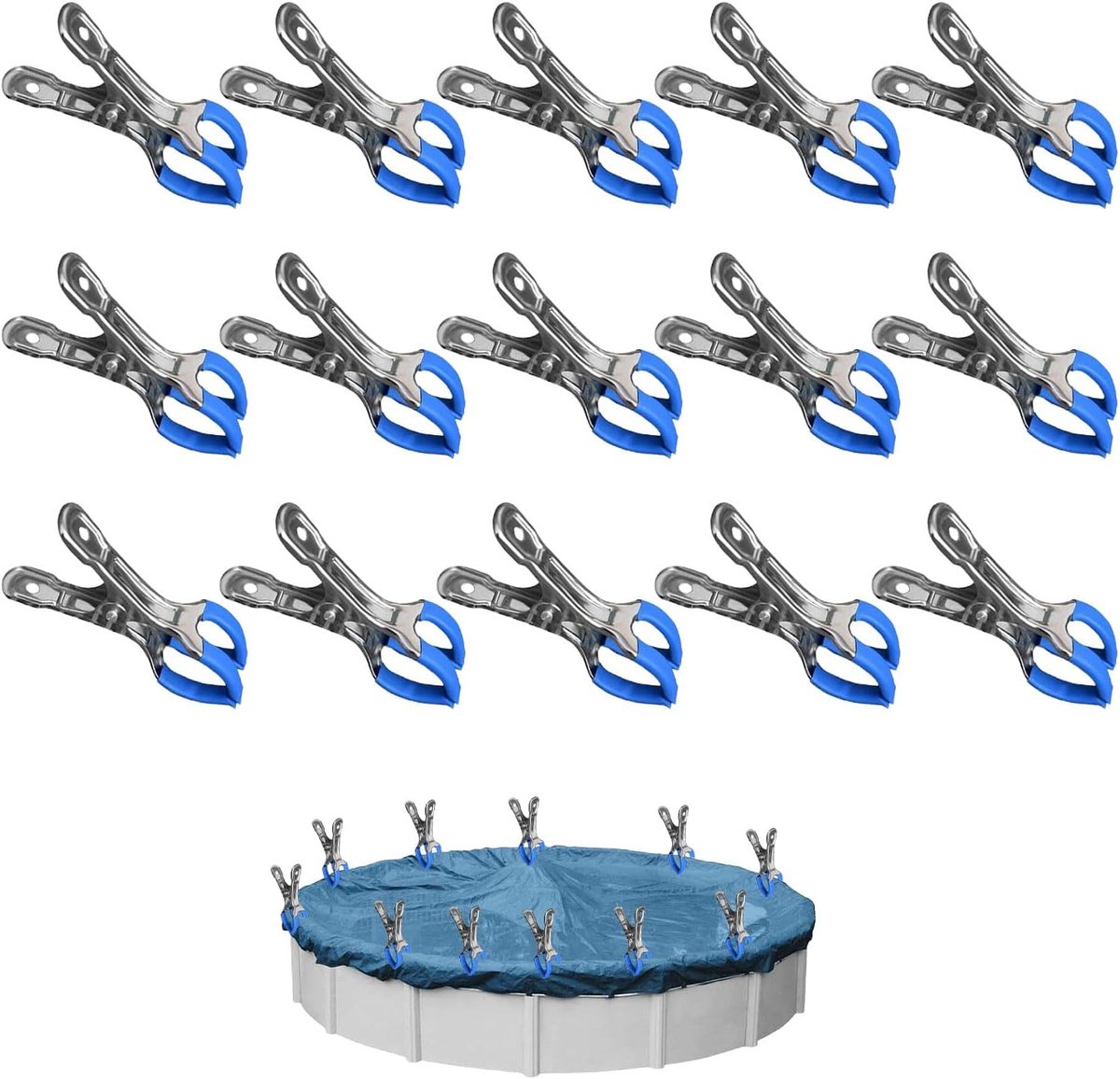 15 stuks metalen klemmen voor zwembadafdekking, bevestigingsklemmen met beschermfolie, klemklemmen voor bovengrondse zwembaden, klemklemmen met sterke spankracht voor wasklemmen, fotografie