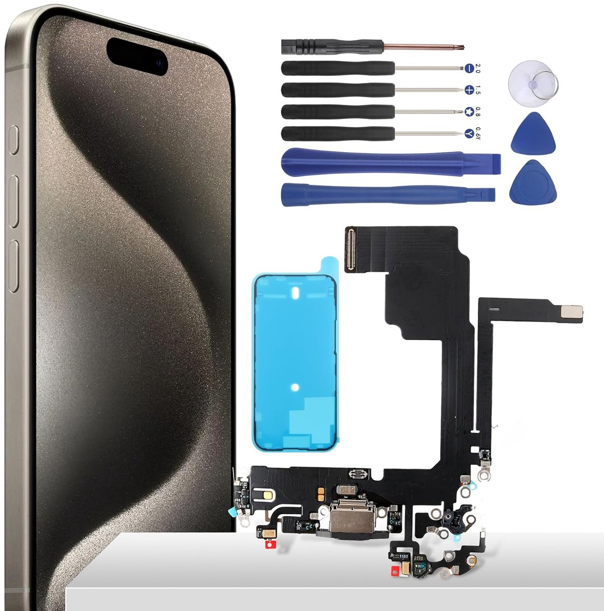 Oplaadaansluiting voor iPhone 15 Pro Dock Connector Port Charger iPhone 15 Pro Oplaadpoort Microfoon Audio Jack Flex-kabel + Waterdichte Adhesive + Gereedschap