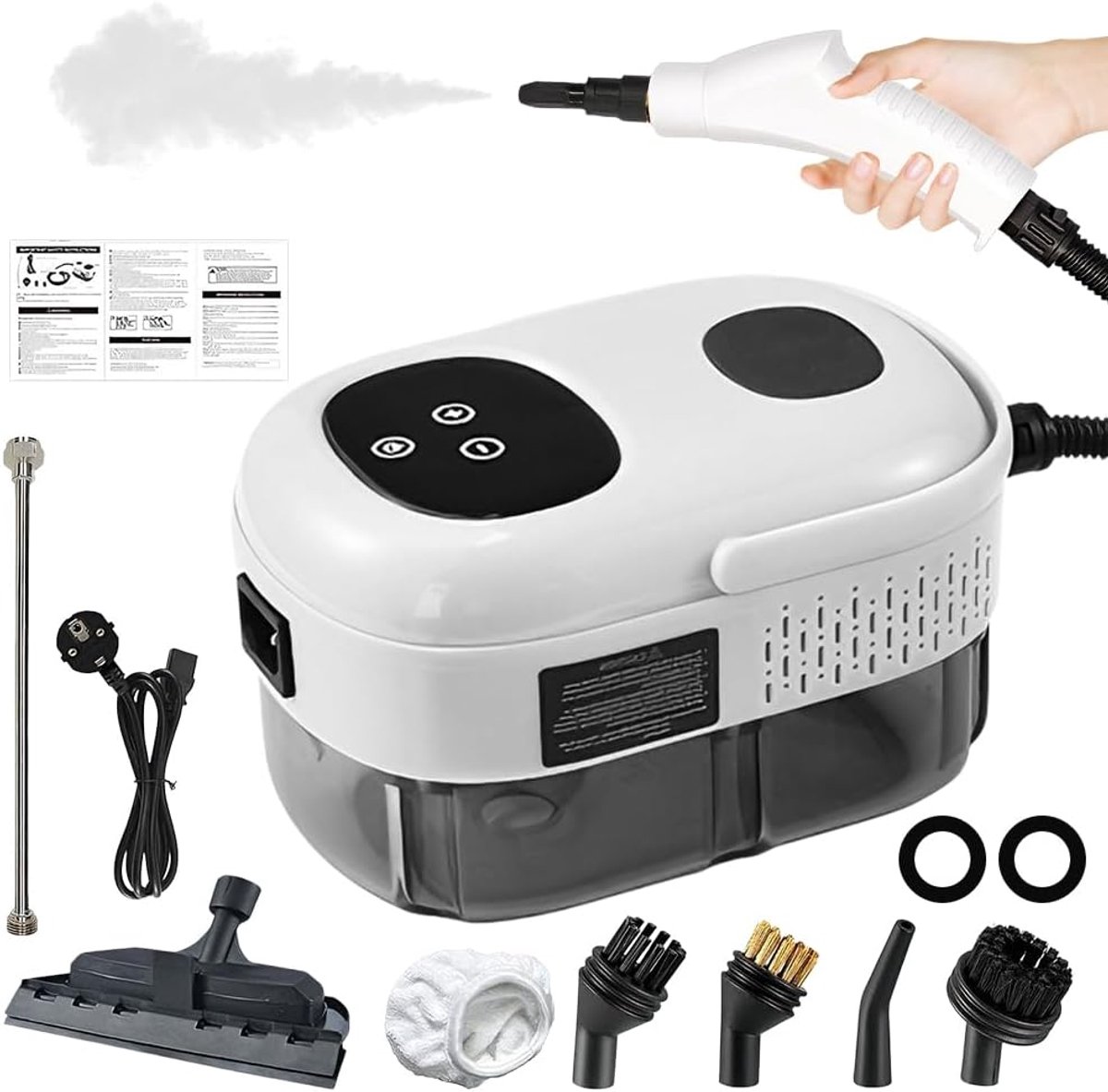 stoomreiniger, 2500W stoomreiniger handapparaat, handstoomreiniger met 1100ML waterreservoir en 3 borstelkoppen, hogedruk stoomreiniger voor keuken, badkamer, auto, tapijten (Wit)