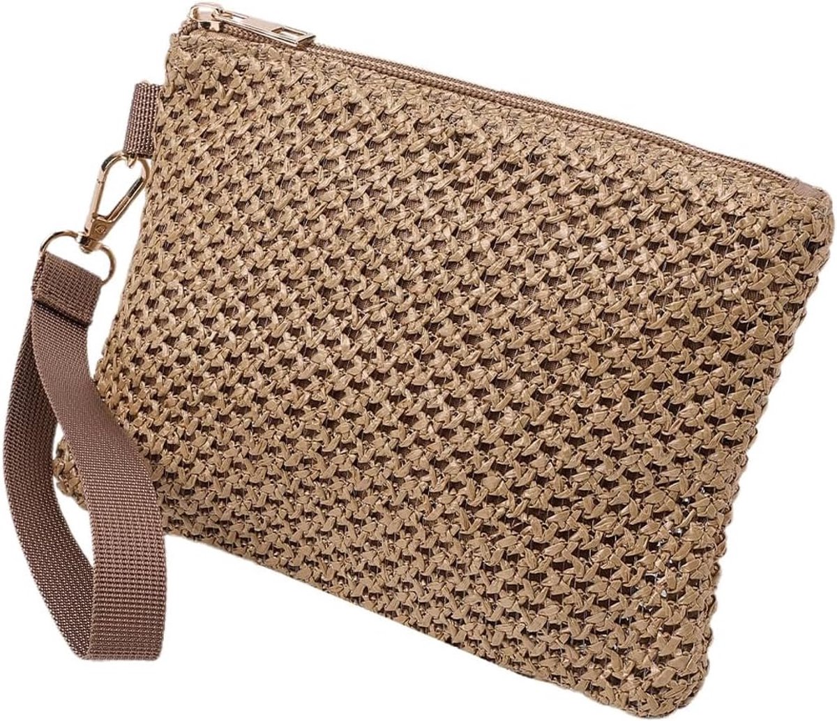 Geweven Stro Polsband Clutch, Boho Beach Telefoon Tas voor Reizen, Koffie Bruin
