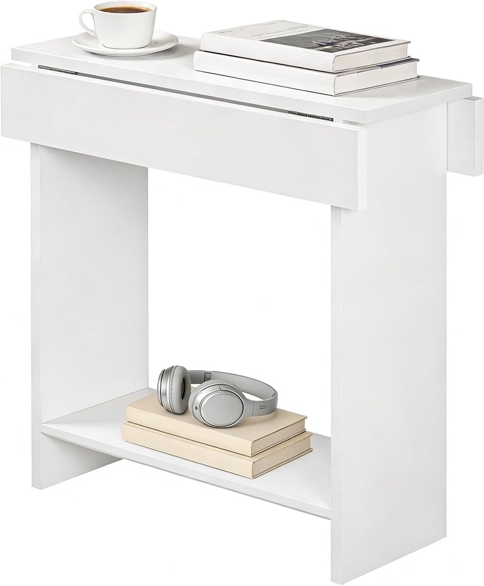 Opklapbare Bijzettafel, Salontafel, Banktafel met Plank, Nachtkastje, voor Kleine Ruimtes, Woonkamer, Slaapkamer, Wit AETWT7401
