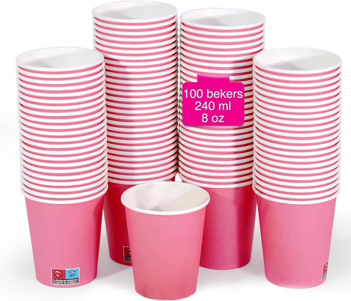 Papieren bekers roze 240ml - 100 stuks - disposable - perfect voor kinderfeestje - ShopVlot