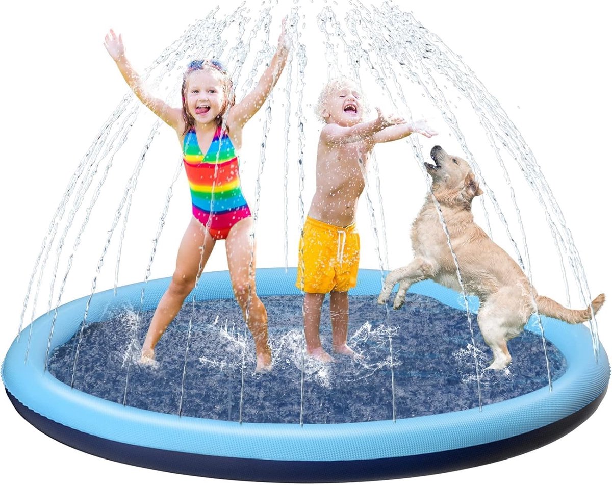 Waterspeelgoed voor kinderen, outdoor spelletjes, 170 cm, watersprinkler voor kinderen, splash pad, tuinspeelgoed voor kinderen, sprinkler en hondenzwembad met antislipfunctie, blauw, 170 cm